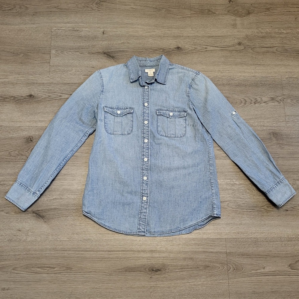 J.Crew Womens XS Petite Light Wash Chambray Button Utility Shirt Denim Cotton
